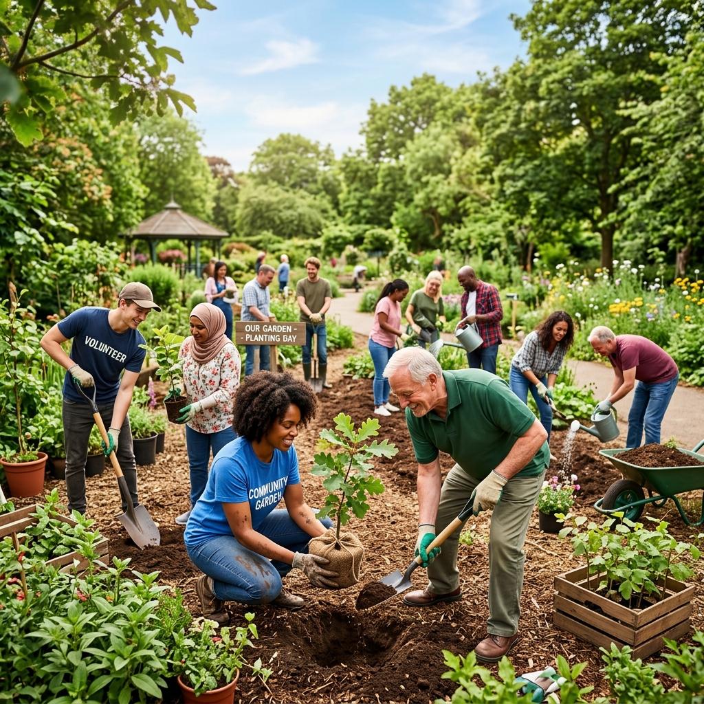 Volunteers and locals planting saplings in community park