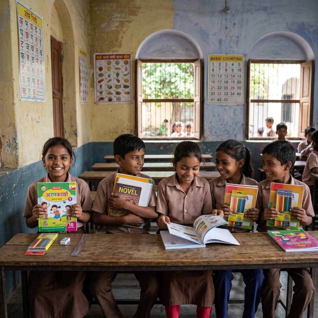 Students smiling while receiving textbooks and stationery