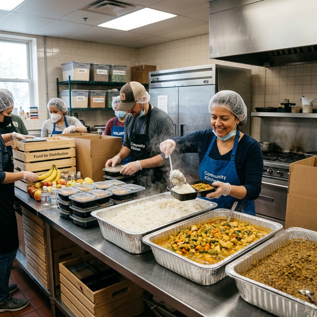 Homeless people being served warm nutritious rice plates